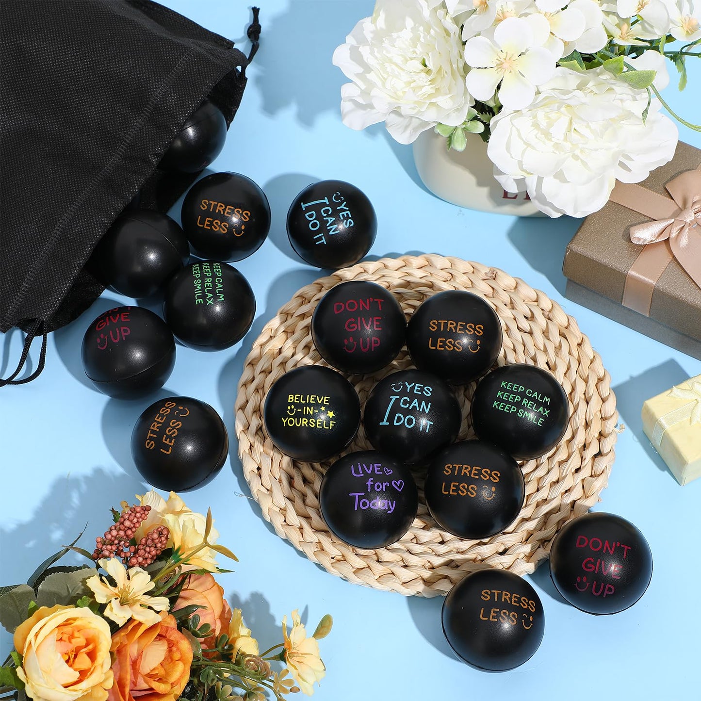 Glimin 48 Pcs Motivational Stress Balls Bulk 1.97 Inch Black Inspirational Quotes Stress Balls with Drawstring Bag to Relieve An
