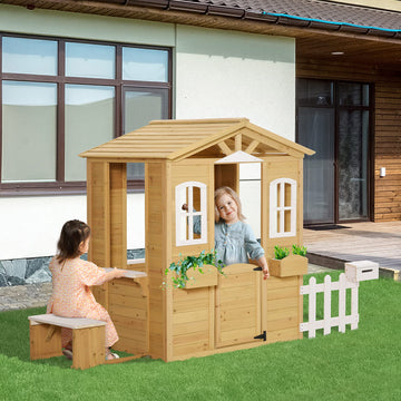 Outsunny Outdoor Playhouse For Kids Wooden Cottage With Working Doors Windows & Mailbox, Pretend Play House For Age 3-6 Years