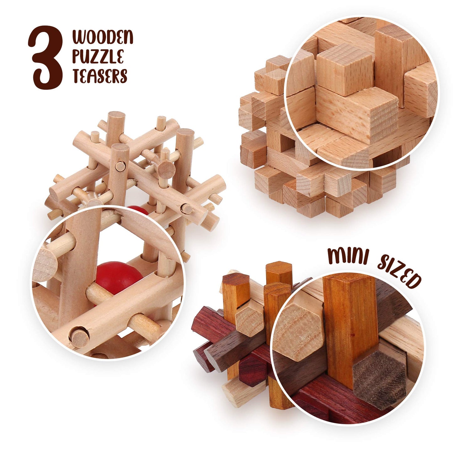 Wooden Brain Teaser Puzzles For Adults & Kids - 3D Puzzles Brain Games, Iq, Mind And Logic Test - Challenging Wood Educational Toys By Sharp Brain Zone