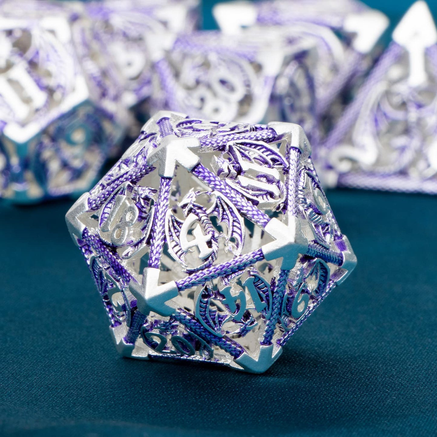 ARUOHHA Hollow DND Metal Dice Set Purple Dungeons and Dragons Dice with Gift Box, Large Role Playing Games Dice 7PCS D+D Polyhed