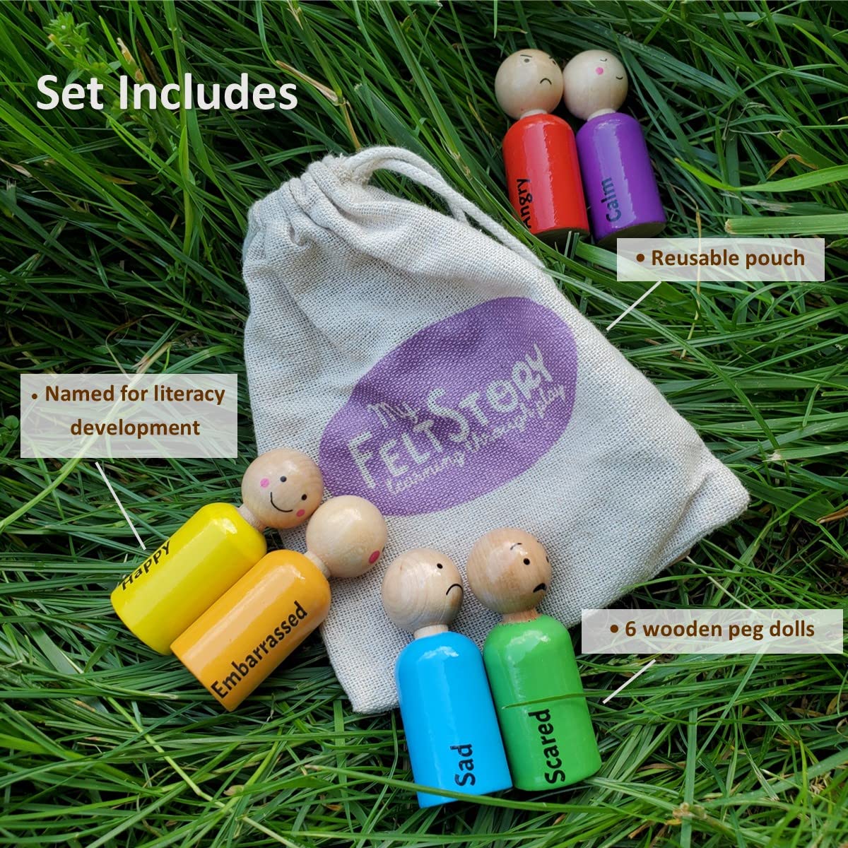 My Felt Story Rainbow Wooden Peg Dolls - Set of 6 Emotions, Sensory Autism Toys for Toddlers, Early Education, Feelings Peg Dolls