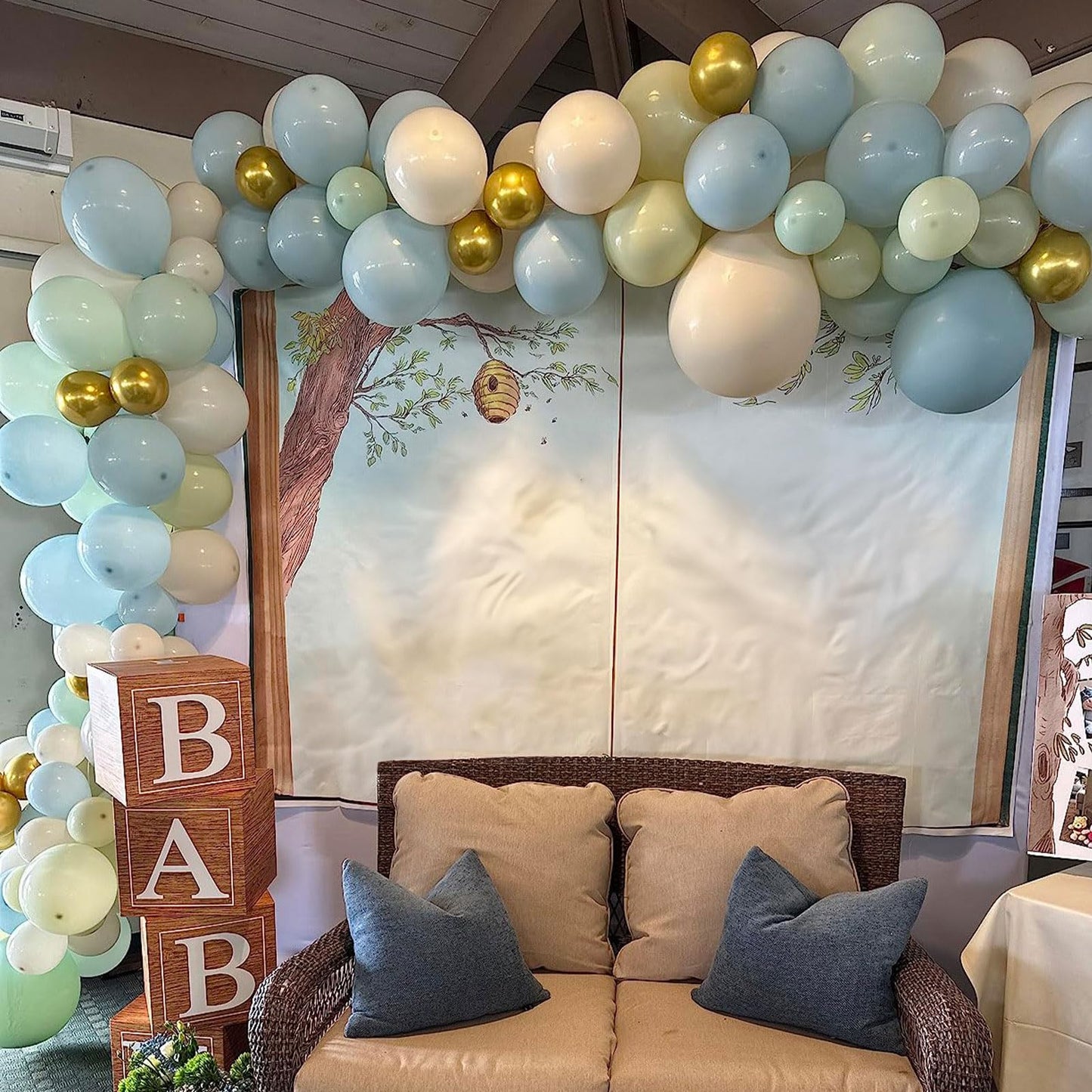 Dusty Green Blue Balloon, 60 Packs 12 Inch Sage Green Blue Balloon With Haze Fog Blue Sand White And Gold Balloons For Jungle Sa