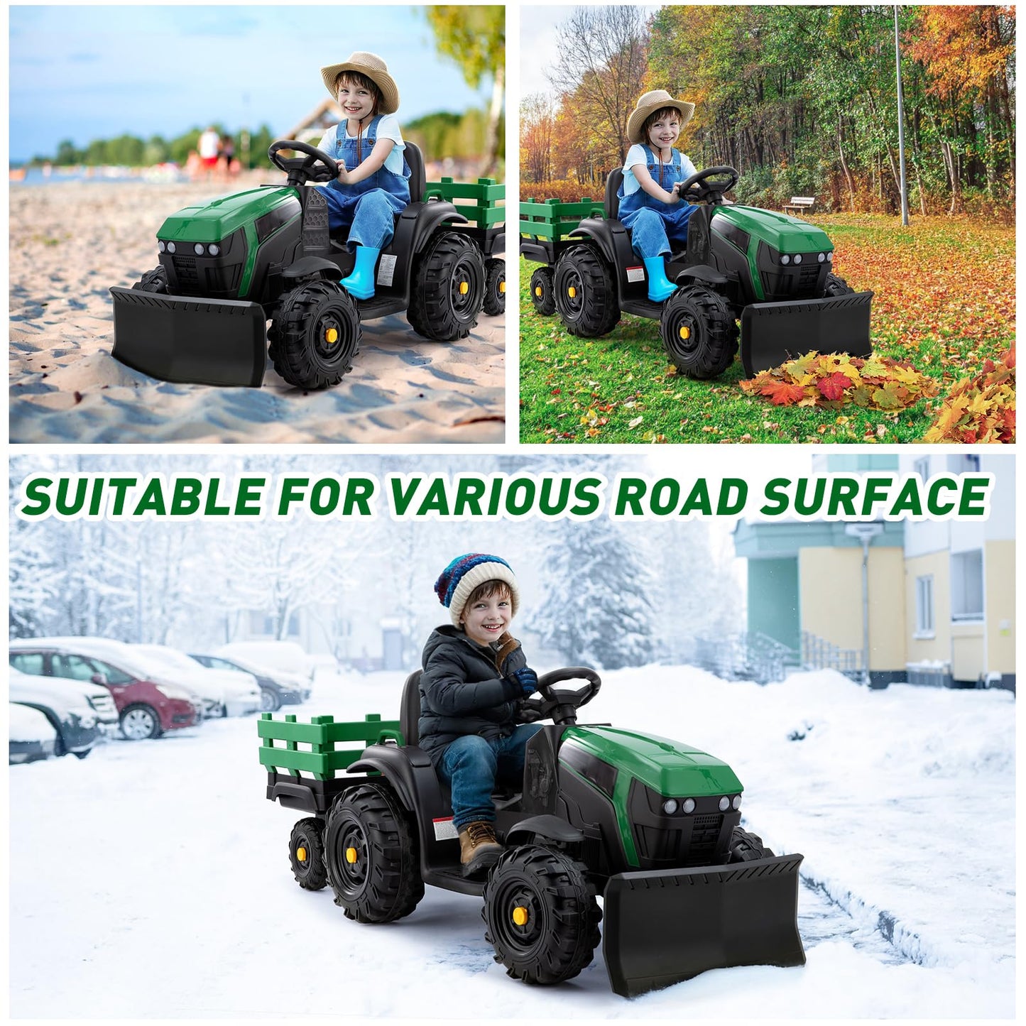 Elemara 24V 3 In 1 Kids Ride On Tractor With Snow Plow, Ride On Toys For Big Kids, 400W Electric Vehicles Car For All Terrain Play, Snow Clearing Tractor Winter For Ages 3+, Max 4.5 Mph, 88Lbs, Green
