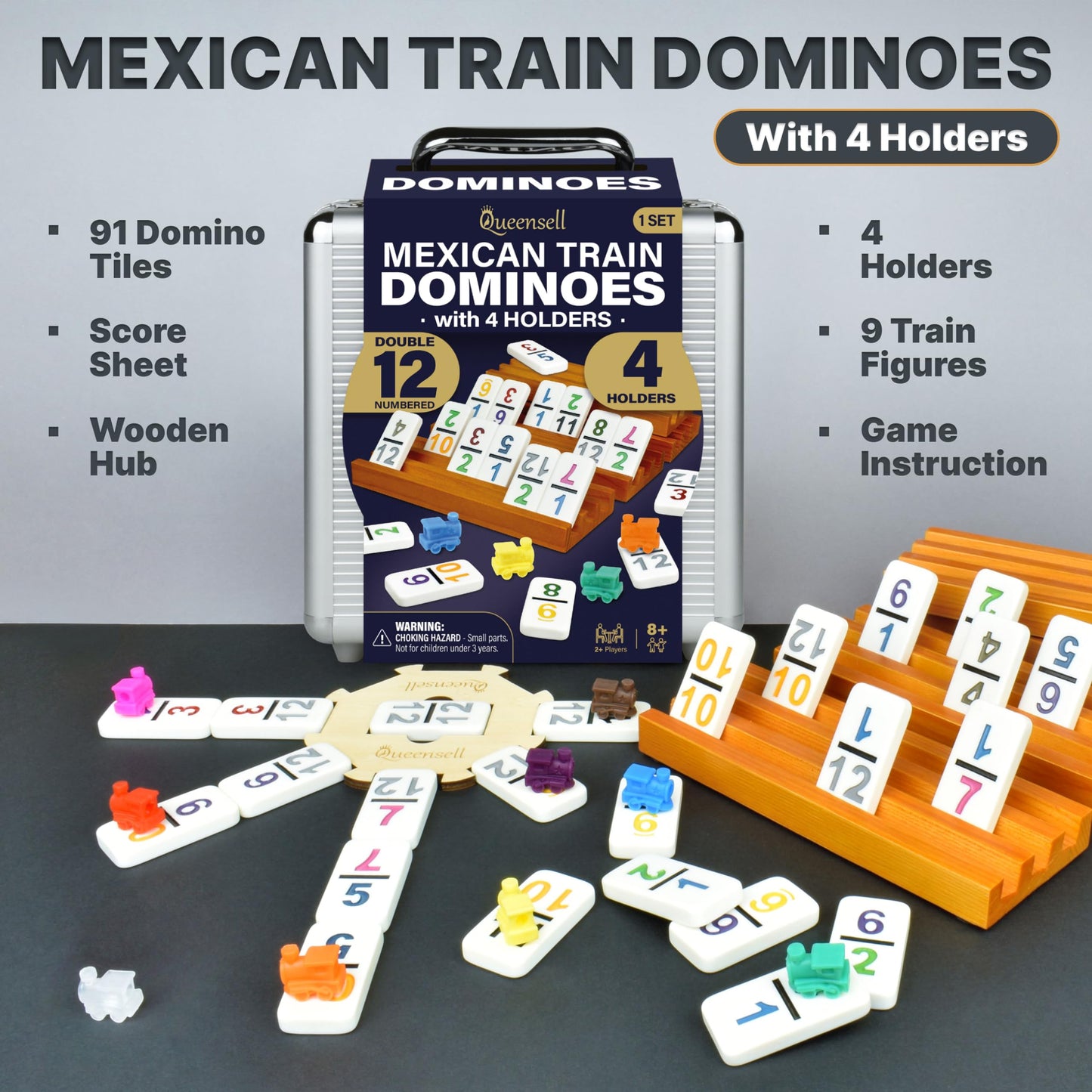 Queensell Mexican Train Dominoes Set With Numbers And 4 Holders - Wooden Hub And Tiles Holders - Double 12 With Numbers (D12 Num