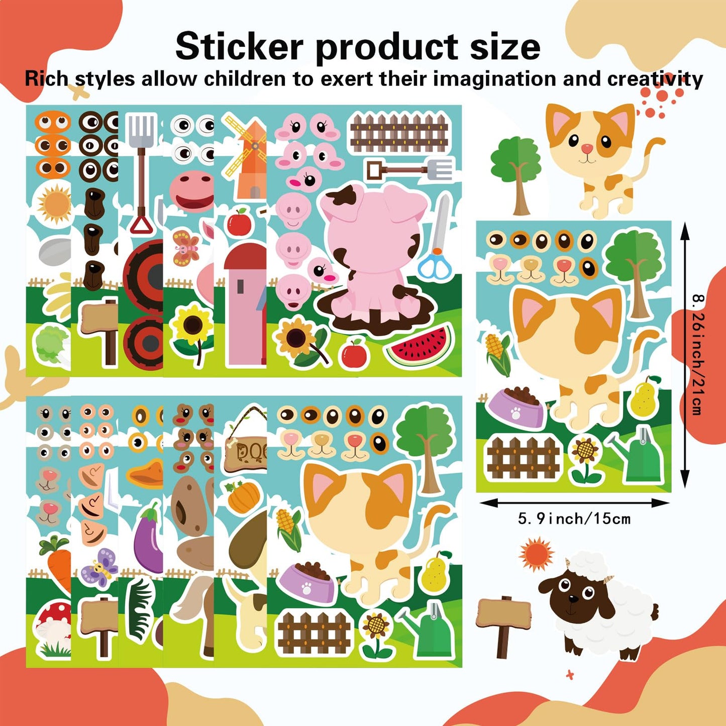 24 Sheets Make-A-Face Sticker, Farm Animal Stickers Sheets Make Your Own Stickers For Kids Farm Themed Birthday Party Favors Sup