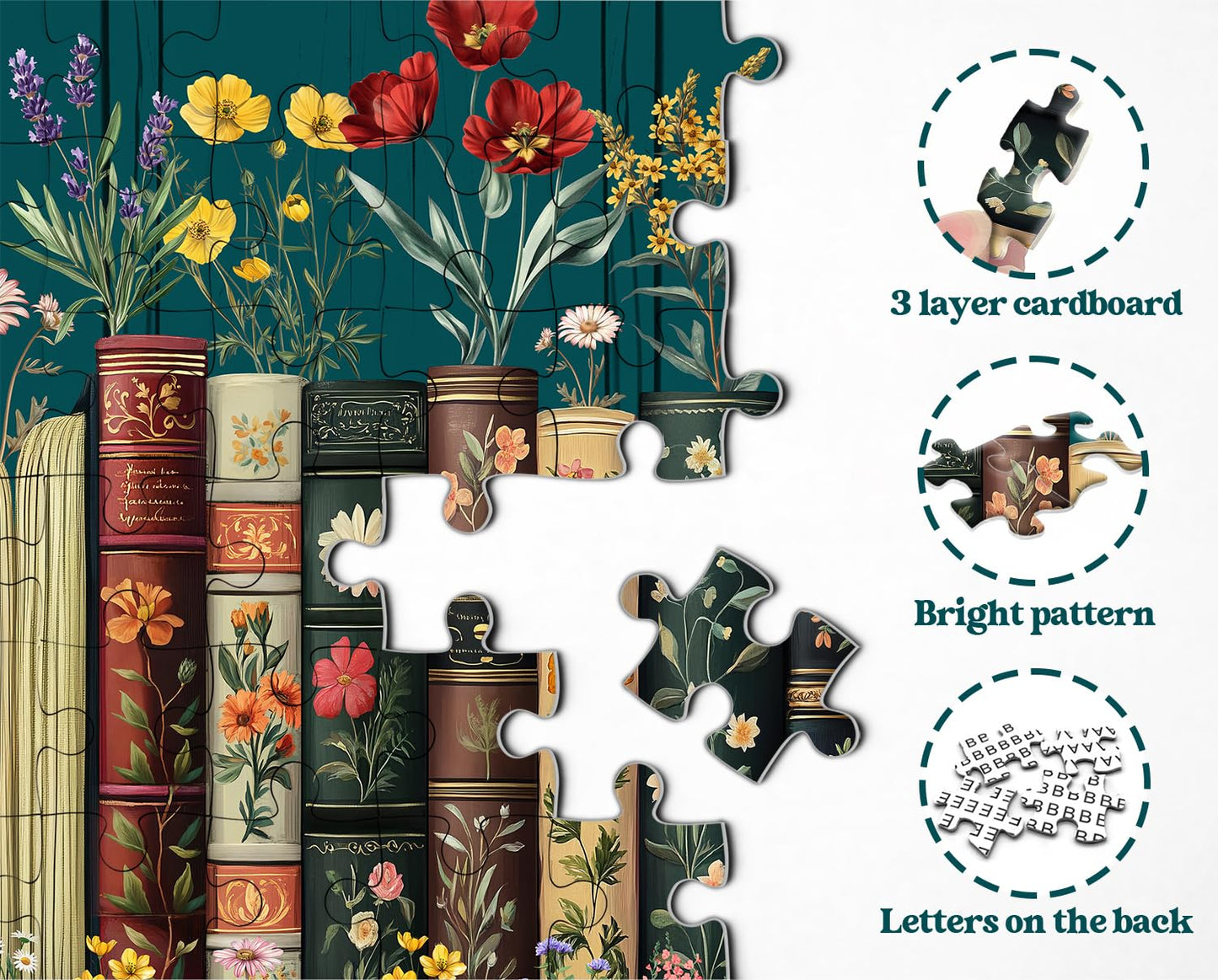 Vintage Wildflower Book Puzzles For Adults 1000 Pieces, Plant Floral Book Pages Jigsaw Puzzle, Retro Bookshelf Puzzle With Bloss
