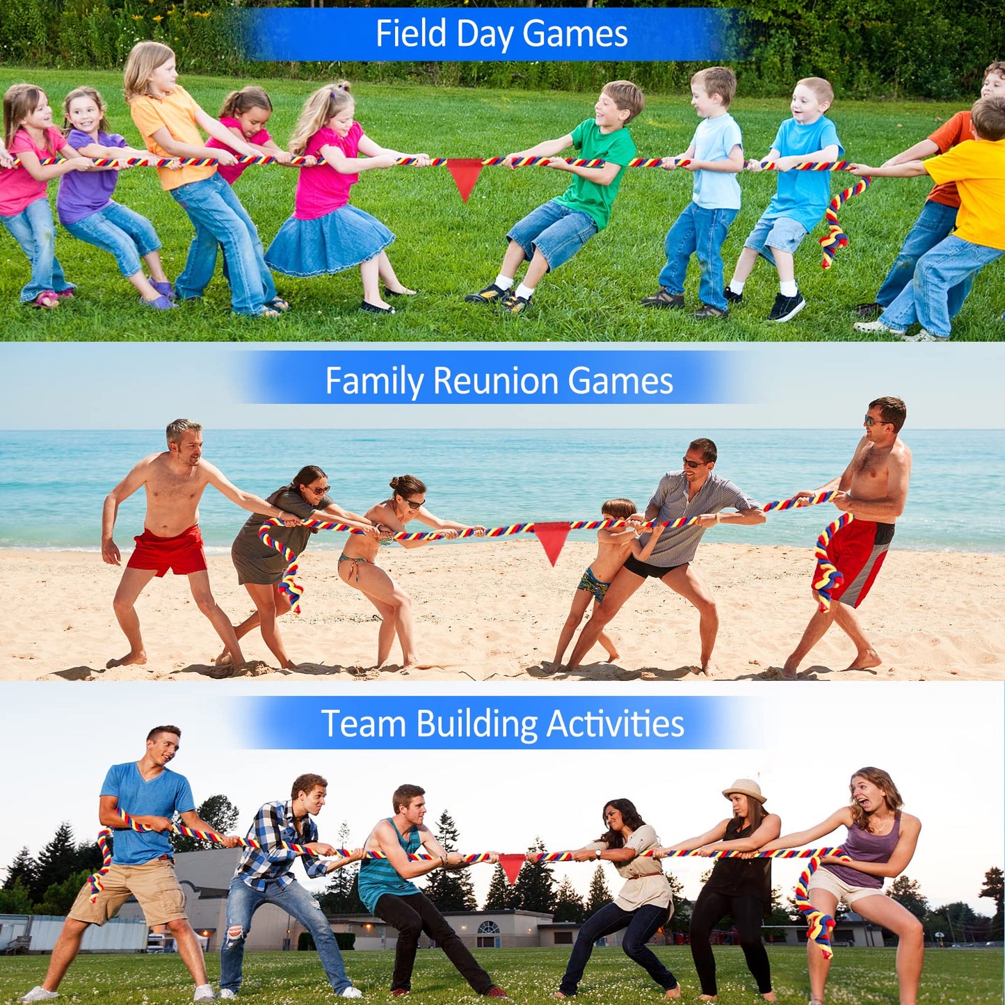 Outdoor Yard Games 40FT Tug of War Rope for Kids mature-themed Field Day Family Reunion Birthday Party Games Halloween Carnival Games Outside Lawn Yard Games Fun for Team Building Activities Tricolor
