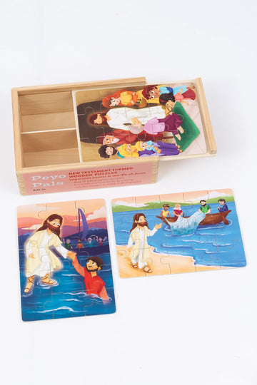 PEYO PALS Bible Puzzles for Kids Ages 4-6 | 4-in-1 Wooden Jigsaw Puzzles in Box (15 pcs Each) | Christian Gifts for Kids | Presc