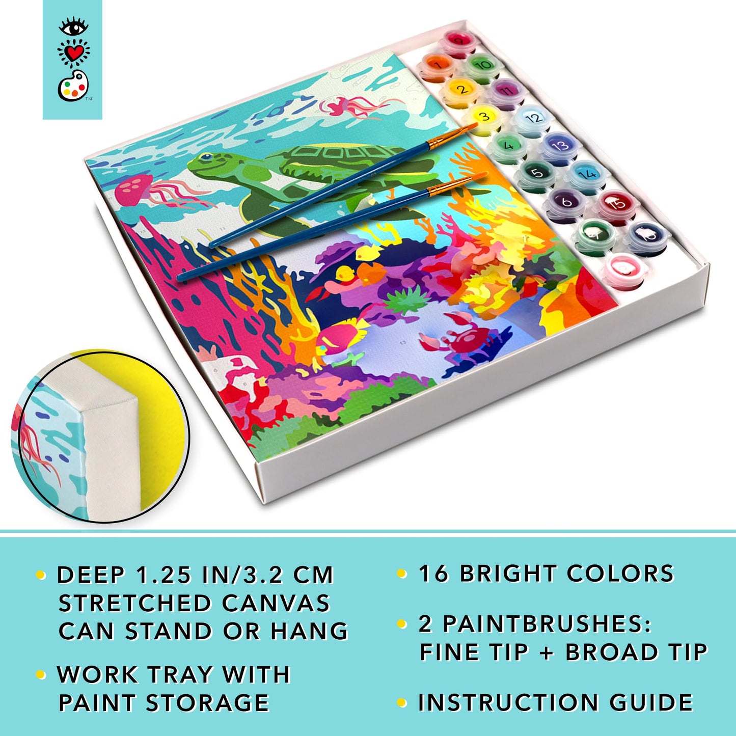 Bright Stripes Paint by Numbers Kit for Kids, Ocean Theme, 10.5"x9.5", Canvas, Multicolor, Model 9206, DIY Art Set