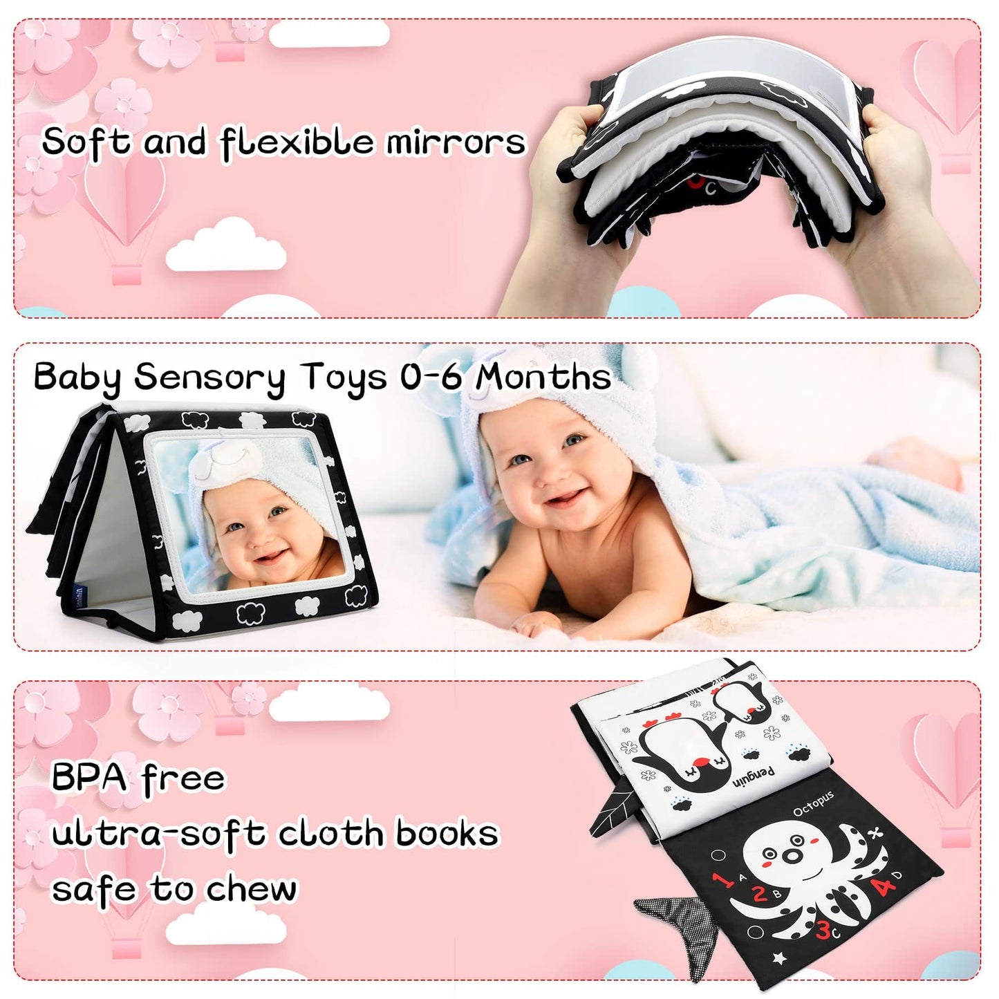 Tummy Time Mirror Toys, Baby Toys 6-12 Months Mirror Floor Toy Soft Cloth Book, Black And White Sensory Toys Activity Montessori