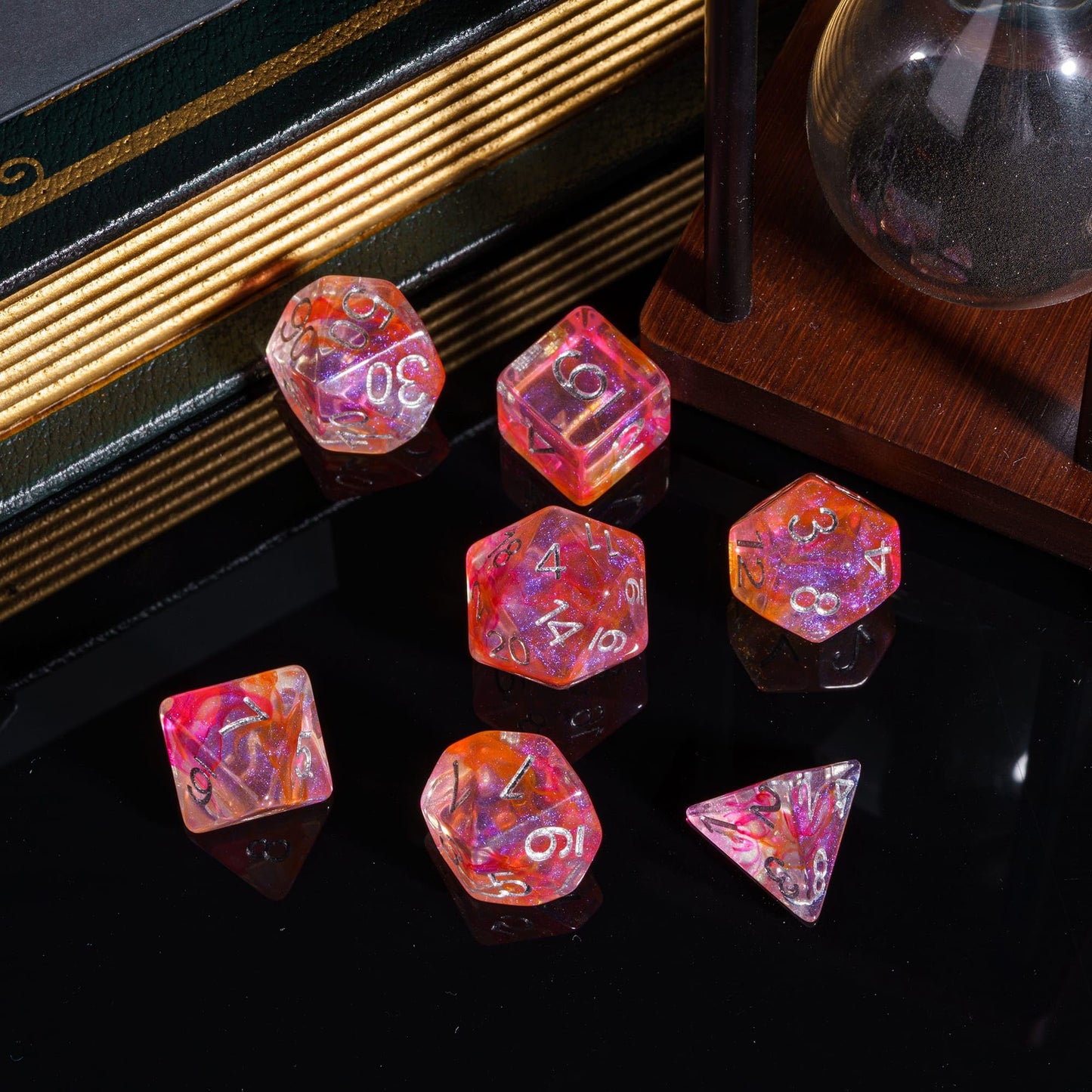 Udixi 7-Die Polyhedral Dice Set With Glitter And Orange Swirls Dnd Dice For Dungeons And Dragons Role Playing Games (Red Orange)