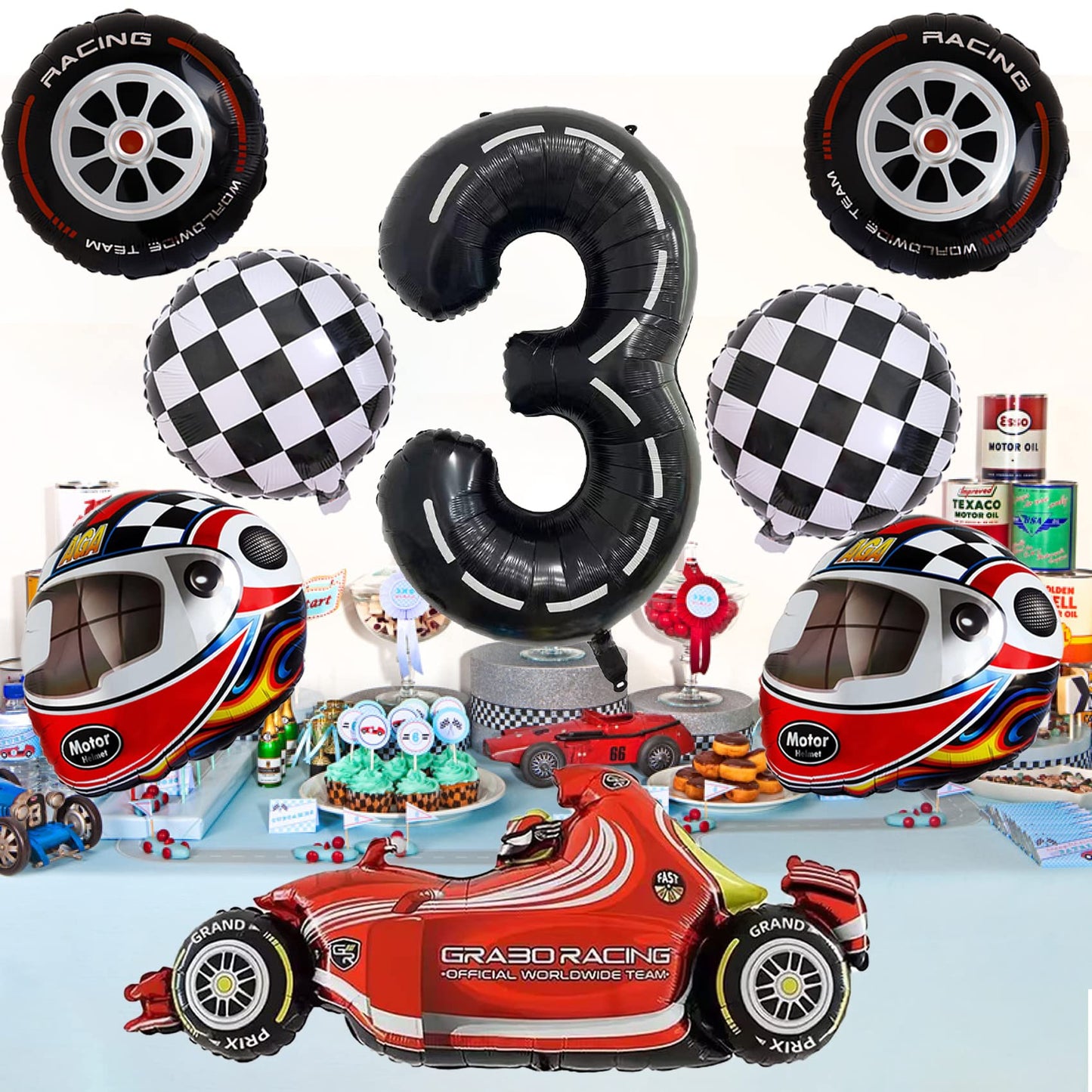 Stcomart 8 Pcs Race Car Party Decorations, Black Number 3 Balloon Checkered Balloons Tire Balloons For Boys 3Rd Birthday