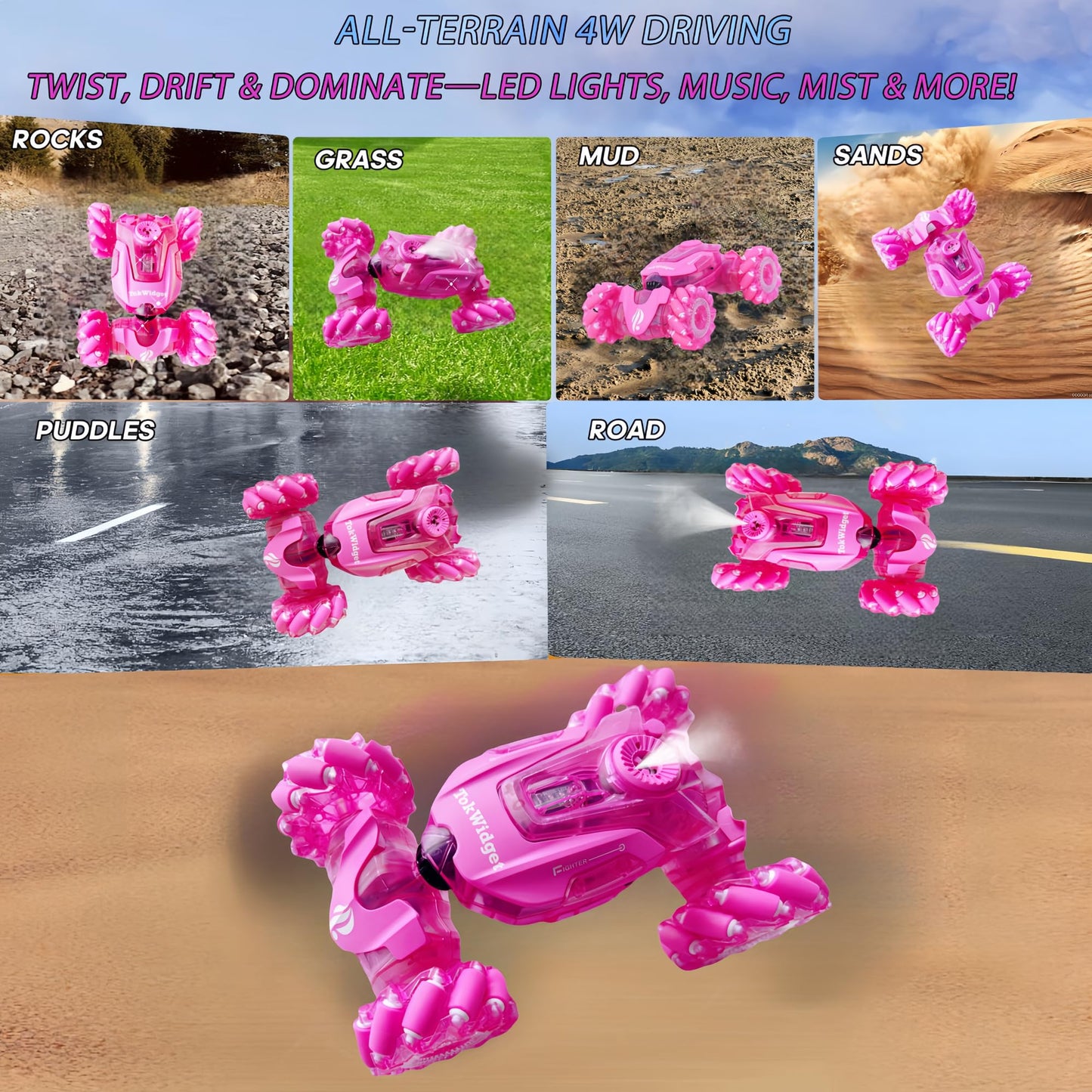 Pink Remote Control Car For Girls, Gesture Sensing Stunt Remote Control With Light & Music, 4Wd 360 Rotating, 2.4Ghz Rc Car, Bir