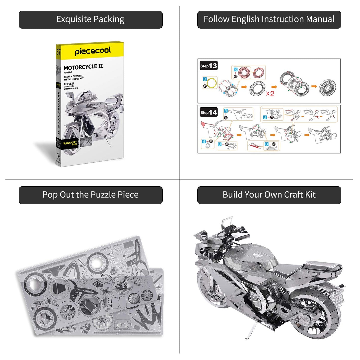Piececool 3D Metal Puzzles For Adults, Diy 3D Motorcycle Model Kits, Brain Teaser Puzzles For Teen Students Men Craft Kits Toys,