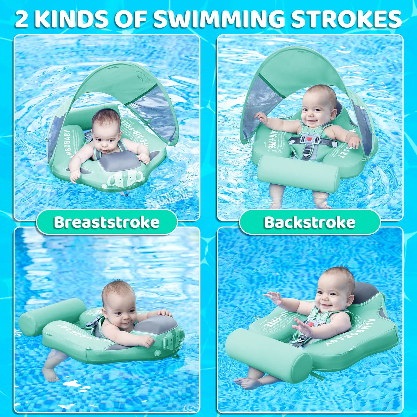 Mambobaby Elephant Green Baby Swim Float with Canopy, Non-Inflatable Infant Pool Float for 3-24 Months, Skin-Friendly Material