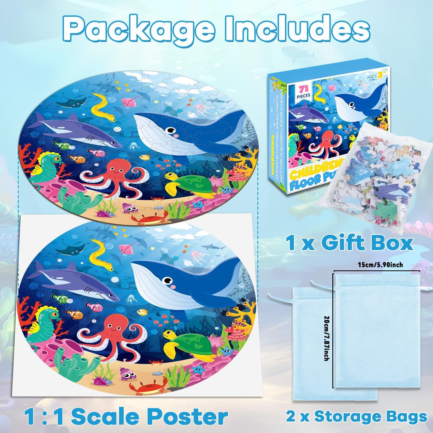 22.8 Inch Jumbo Floor Puzzle For Kids Under The Sea Large Floor Puzzle Underwater World Round Puzzles For Valentines Toddler Chi
