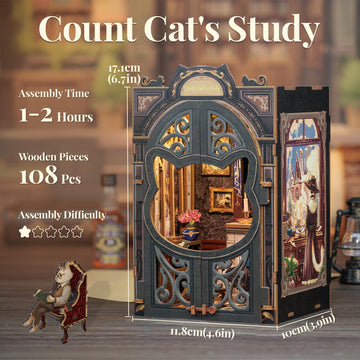 CUTEBEE DIY Miniature Book Nook Kit with LED Light, Colorful Wooden Model for Adults & Teens, Cat's Study, One Size