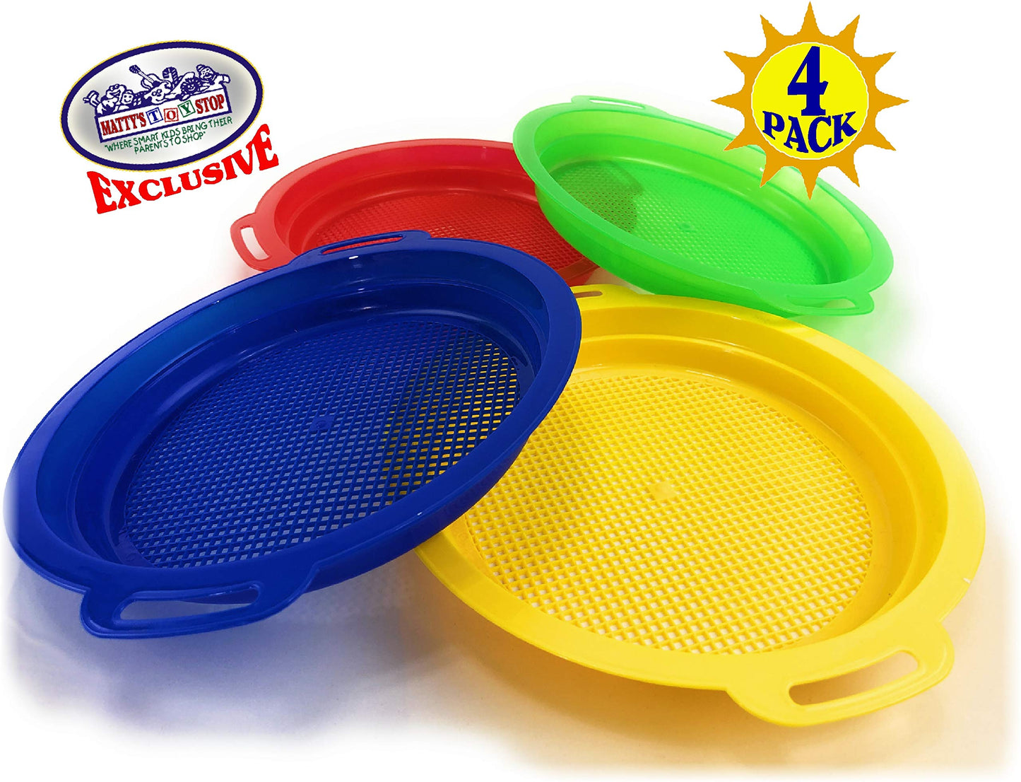 Matty'S Toy Stop Sand Sifter Sieves For Sand & Beach (Red, Blue, Yellow & Green) Complete Gift Set Bundle - 4 Pack (8.75'' X 9.7