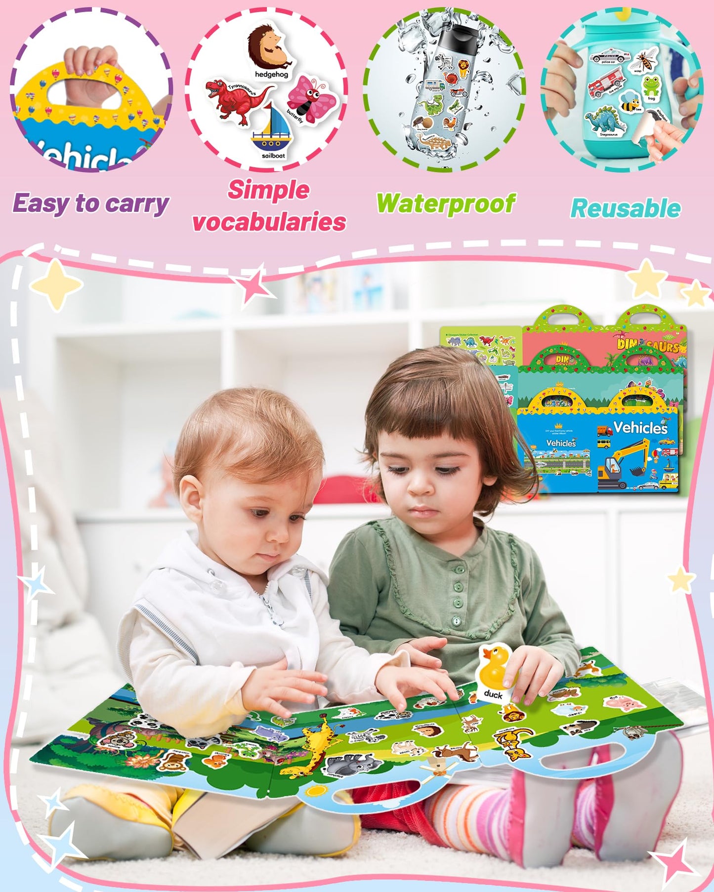 4 Pack Reusable Sticker Book For Toddlers, Toddler Sticker Book For Kids, Toddler Activities Crafts Preschool Learning Travel Bi