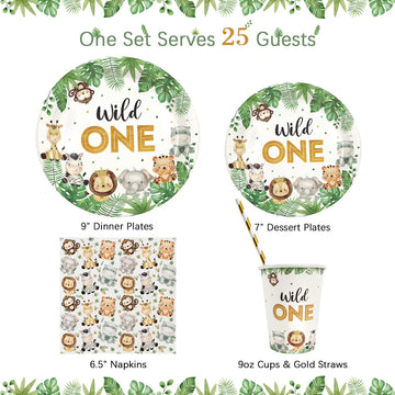 Heboland Wild One Birthday Decorations Plates Set for 25 Guests, Safari Jungle Theme Plates and Cups and Napkins Straws Sets Boy