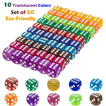 60 Pieces 16Mm Dice Set, 6 Sided Standard Game Dices With Portable Box For Board Games,Worker Placement,Math Activities(Transluc