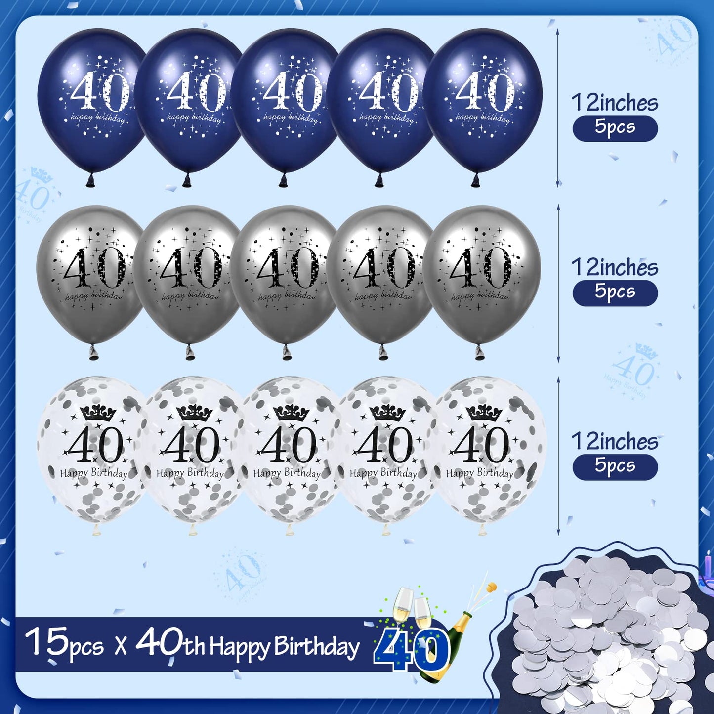 40Th Birthday Balloons Decorations, 15 Pcs Navy Blue Silver 40Th Happy Birthday Latex Inflatable Clear Confetti Balloon For Men Women 40 Anniversary Birthday Party Decor Indoor Outdoor Supplies12Inch