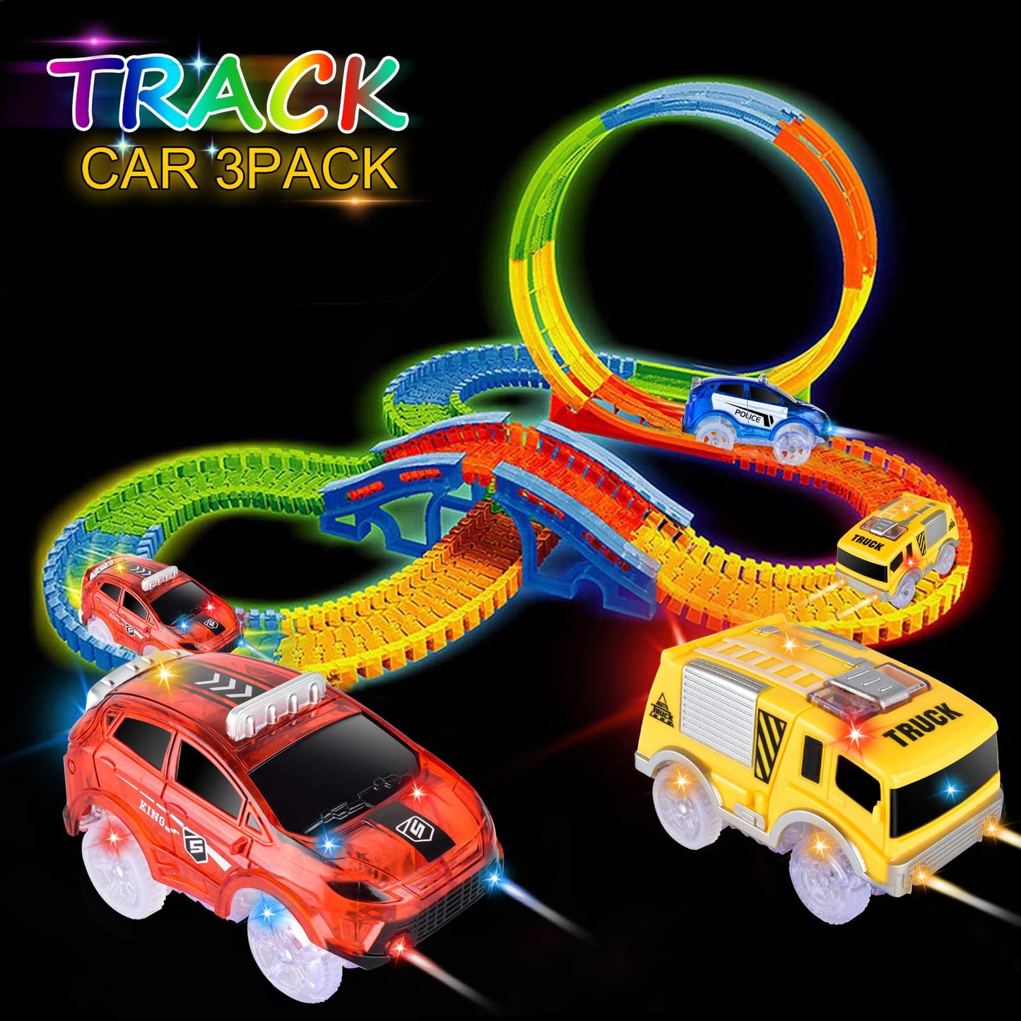 INLAIER Light Up Toy Cars - 5 LED Flashing Racing Car Track Accessories - Yellow - Compatible with Magic Tracks (3 Pack)