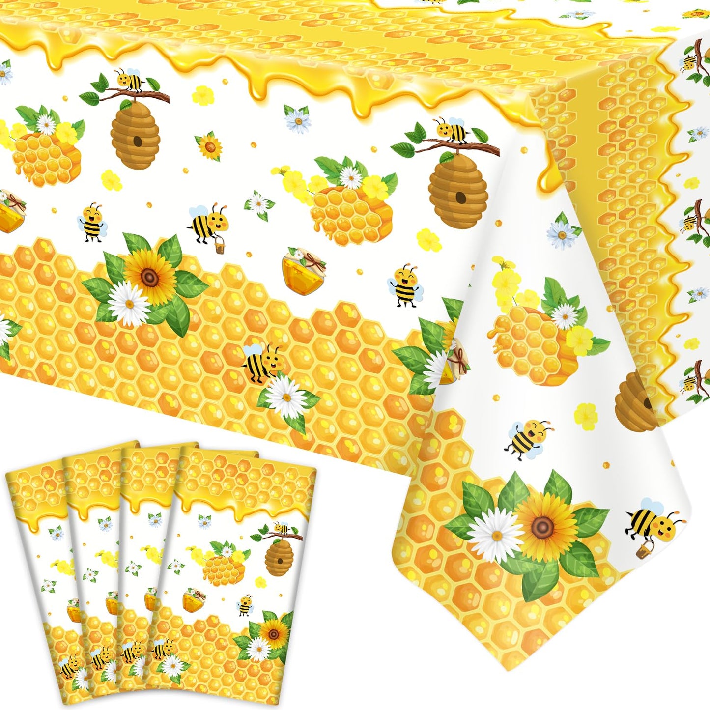 4 Pack Bee Tablecloth Happy Bee Day Tablecloths Rectangle Honey Bees Bumble Table Cover Bee Theme Party Tablecloth For Bee Baby
