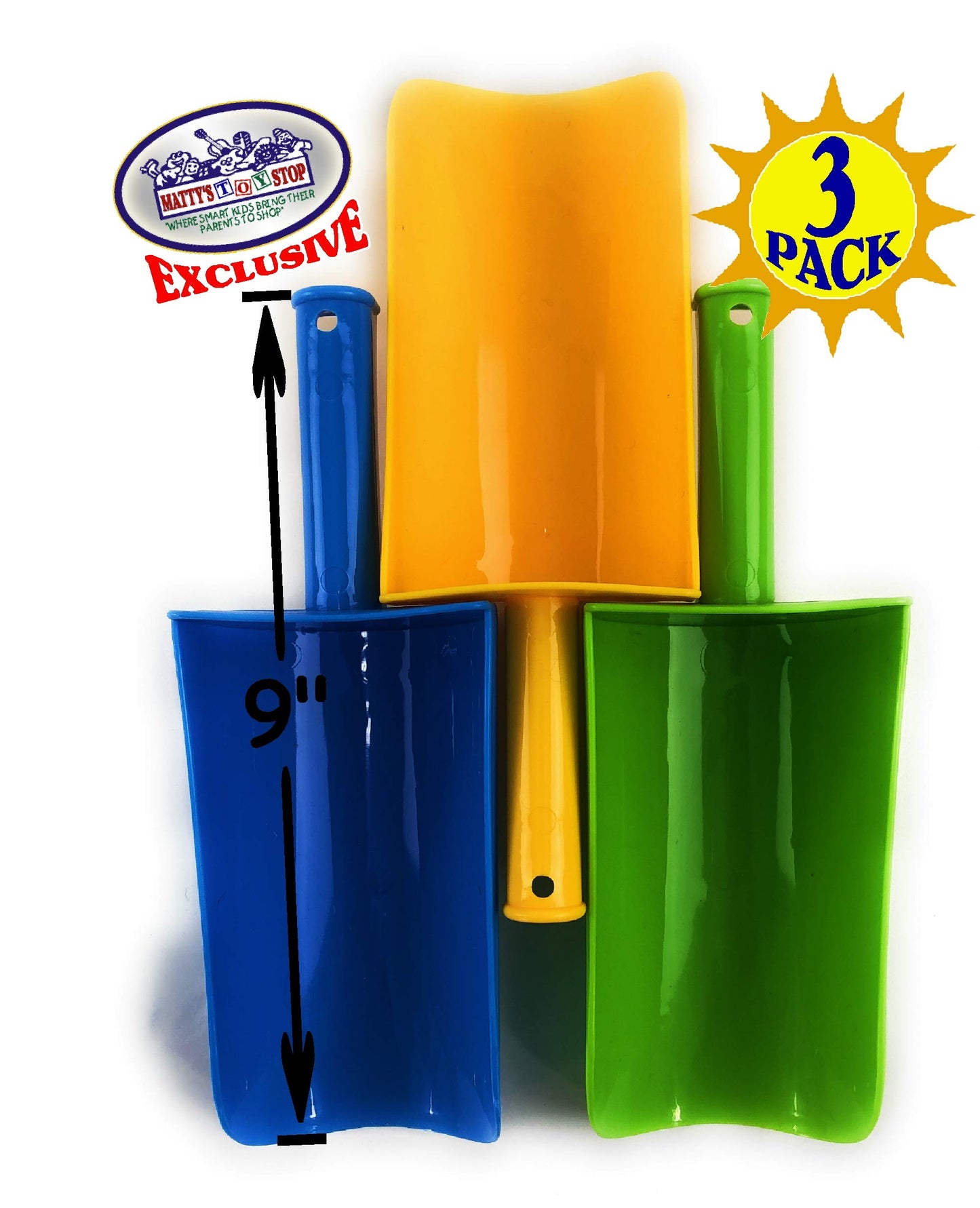 Matty's Toy Stop 9'' Kids Short Handle Sand Scoop Plastic Shovels for Sand & Beach (Yellow, Blue & Green) Gift Set Bundle - 3 Pa