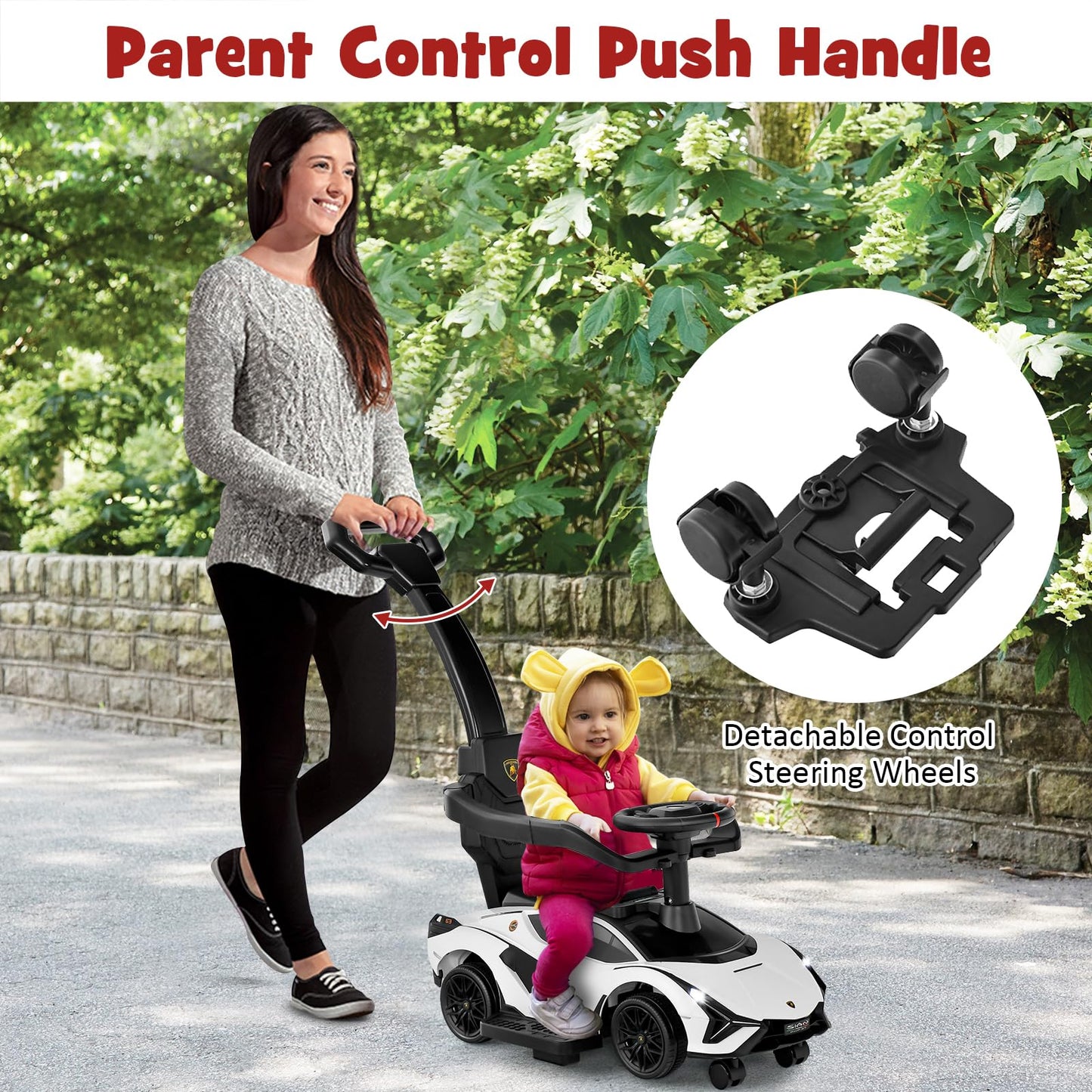 Infans 3 In 1 Ride On Push Car, Licensed Lamborghini Baby Stroller Sliding Walking Car With Push Handle, Music, Usb, Headlight, Under Seat Storage, Kids Foot-To-Floor Toy For 18-60 Months (White)