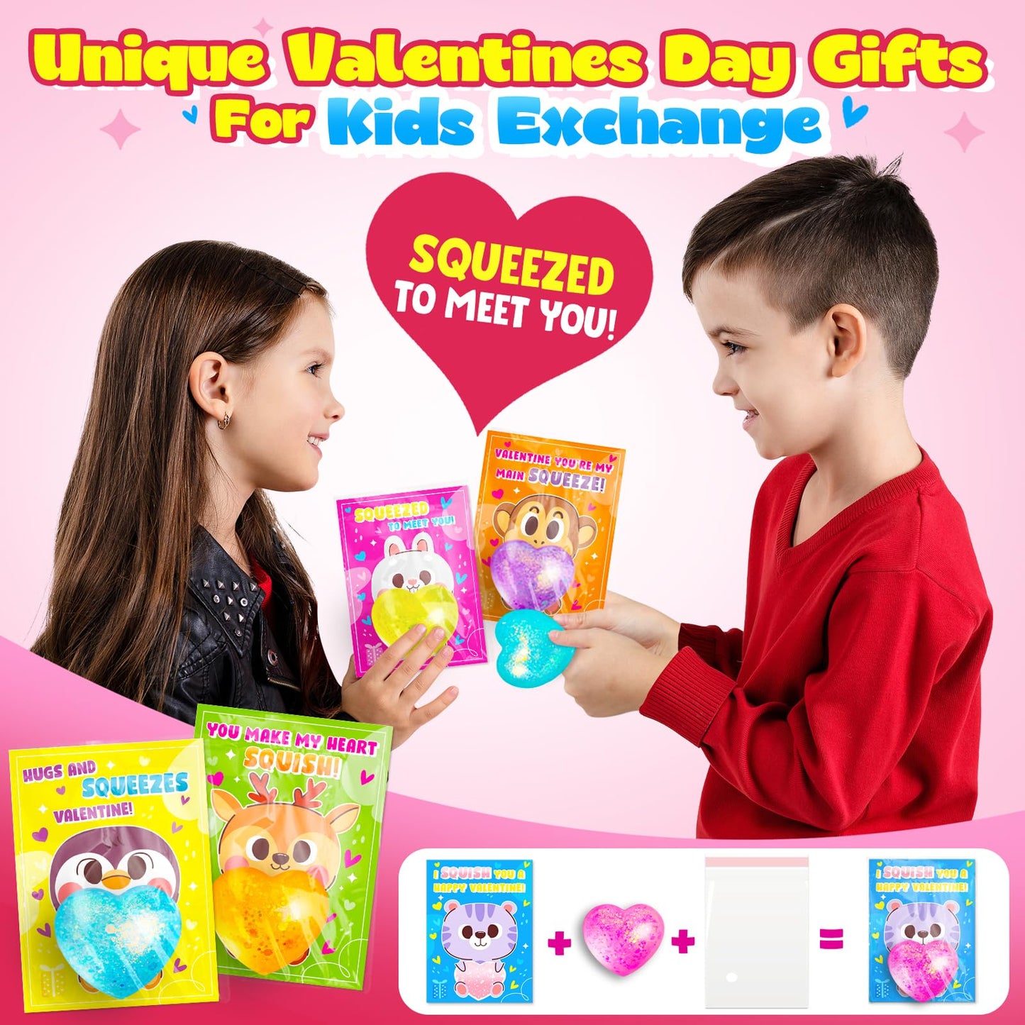 24Pack Valentines Day Gifts For Kids Classroom Heart Stress Balls With Valentines Day Cards For Kids School Class Exchange Fidge