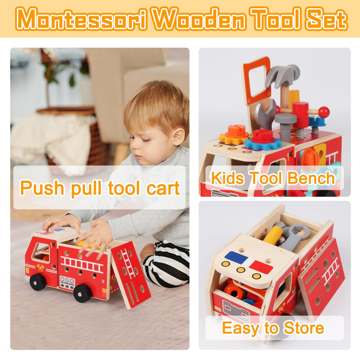 Toddler Tool Kit - 33 PCS Montessori Toddlers Tool Box, Kids Pretend Play Tools Set Age 2-4, STEM Educational Toys for Age 3, Wo