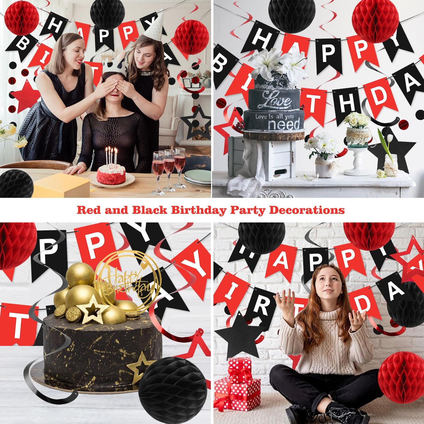 Meowtastic Birthday Decorations, Happy Birthday Banner With Honeycomb Balls, Star Hanging Swirl Streamers, Circle Dots Garland, Happy Birthday Party Decorations For Women Men Boys Girls (Red & Black)