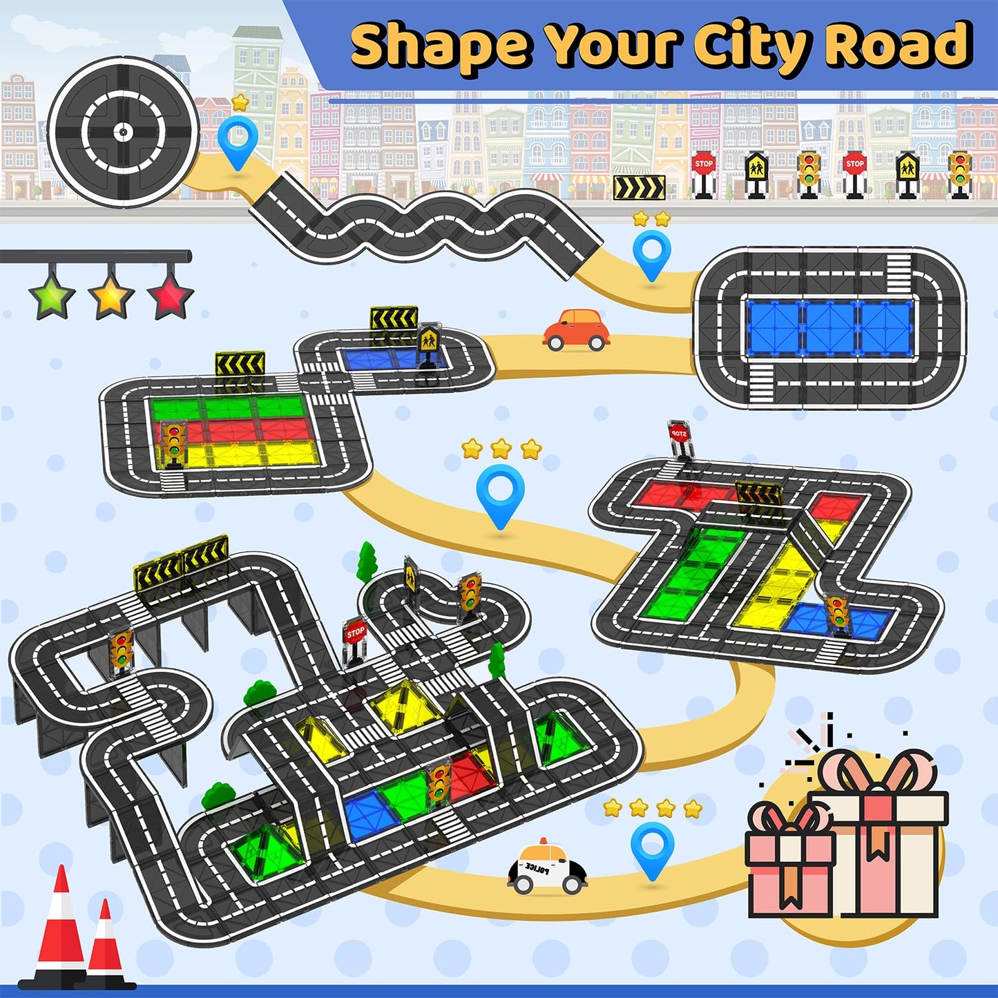 Magnetic Tiles - Road Set, Magnetic Building Blocks, Preschool Montessori Toys Gift For 3+ Year Old Boys And Girls, Sensory Trav