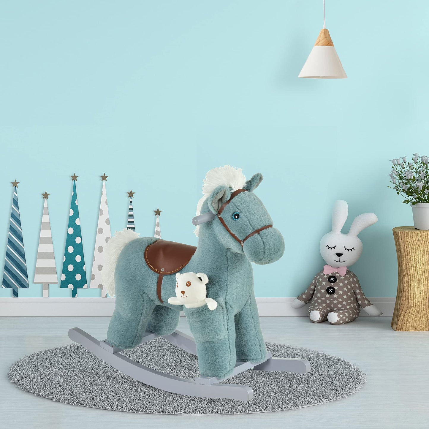 Qaba Kids Plush Ride-On Rocking Horse With Bear Toy, Children Chair With Soft Plush Toy & Fun Realistic Sounds, Blue