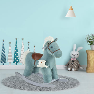 Qaba Kids Plush Ride-On Rocking Horse, Soft Plush Toy, Fun Sounds, 25.5" x 10.25" x 21.75", Blue, Model 330-118