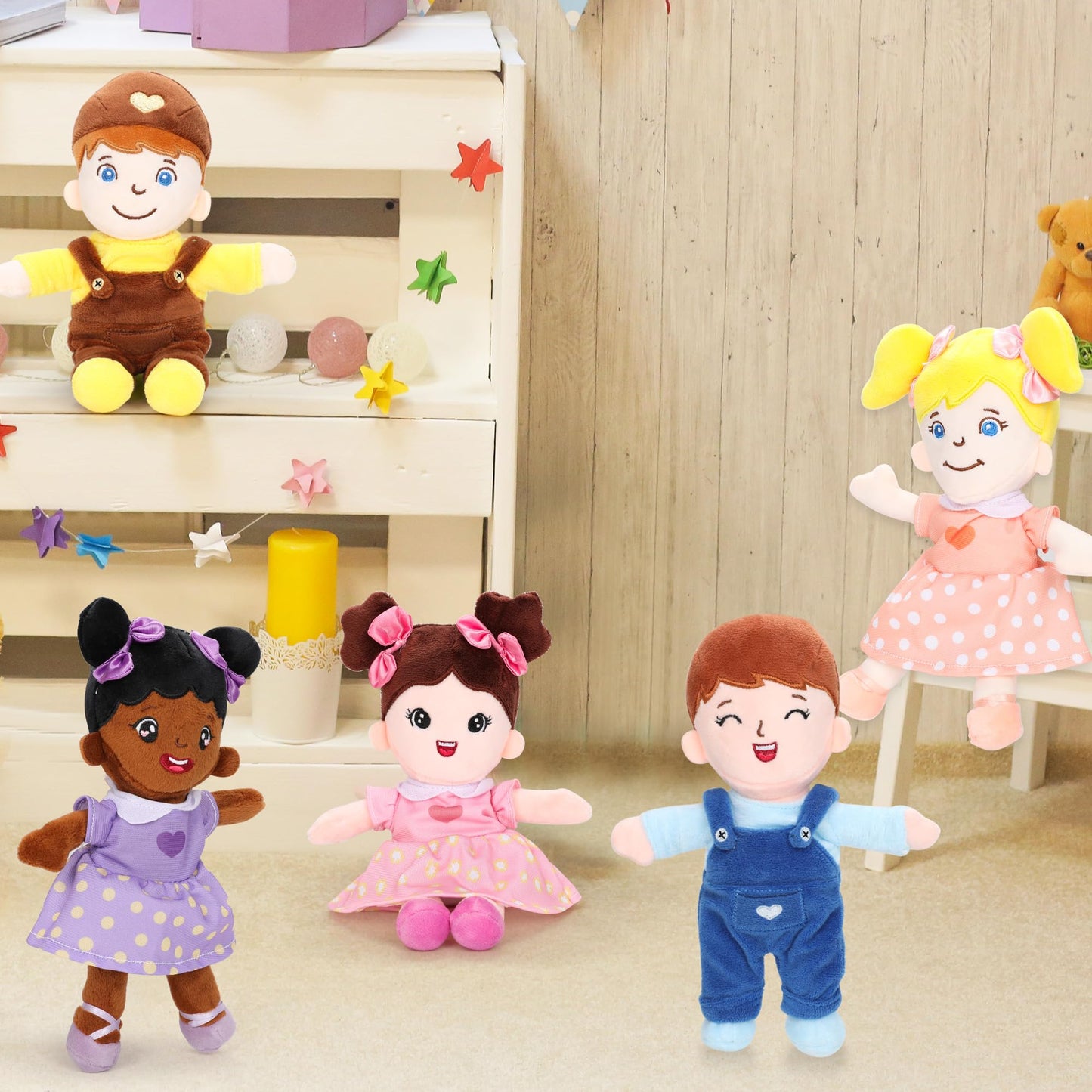 Qpewep Basket Of Baby Plush Dolls - 8' Plush Diversity Baby Dolls- 6 Piece Set Interchangeable Clothes Soft Stuffed Plush Figures For All Ages Xmas Gift