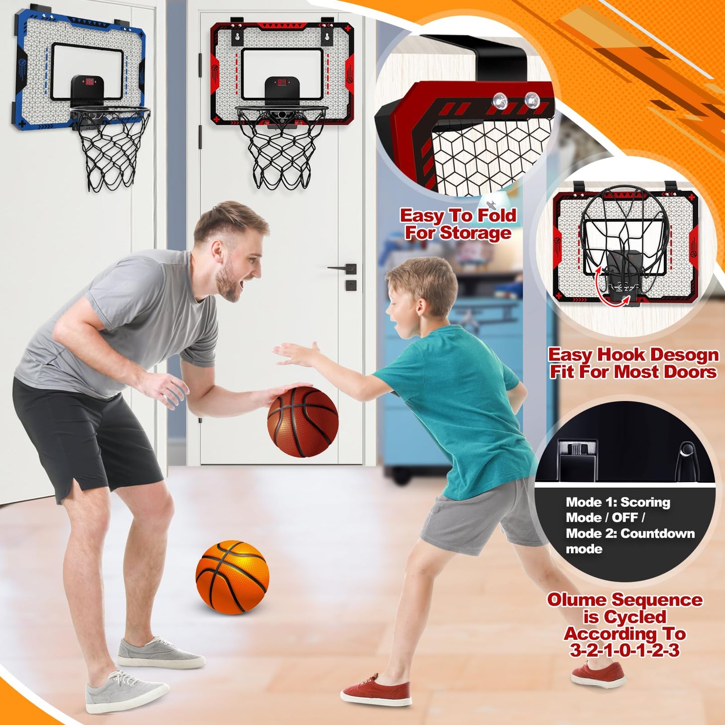 OCHIDO 2 Pcs Basketball Hoop Indoor for Boys 3 4 5 6 7 8 9 10 11 12 Year Old,Over The Door Mini Basketball Hoop Indoor with Scor