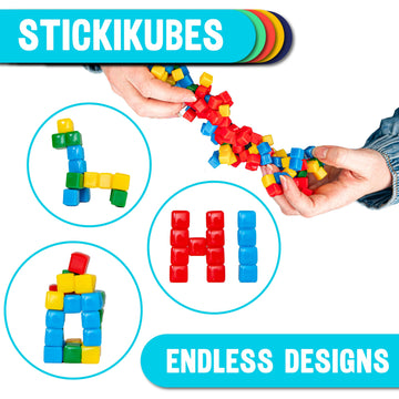 KOMARC GAMES StickiKubes - Mini Stacking Cubes, Rainbow Color, Non-Toxic, 125 Kid-Safe Sticky Blocks, Creative Construction Toy