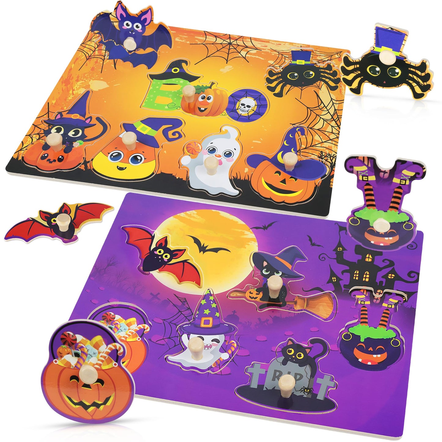 2Pcs Halloween Wooden Peg Puzzles, Halloween Toys For Toddlers Educational Puzzle Kids Halloween Party Favors Halloween Basket S