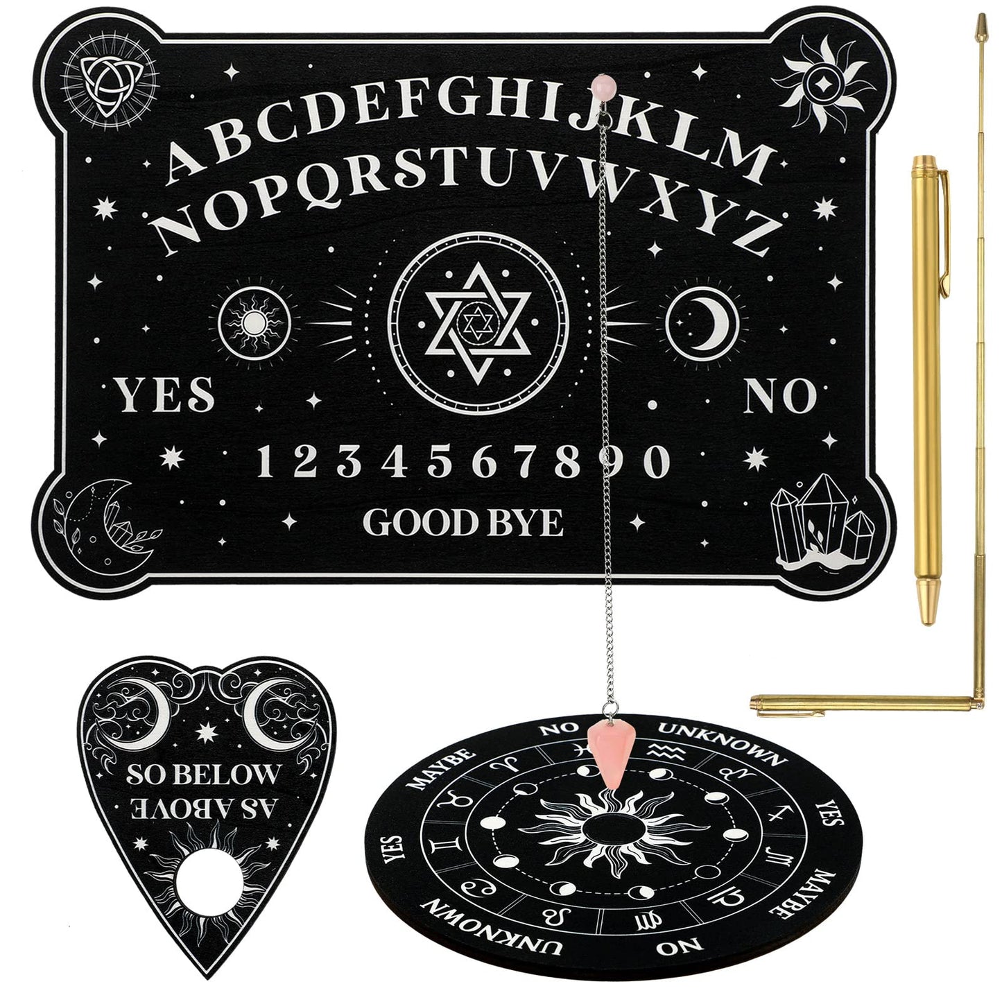 Pendulum Board Dowsing Kit with 3 Pcs Wooden Spirit Talking Board,1 Metaphysical Message Crystal Pendulum Necklace,2 Pcs Retract