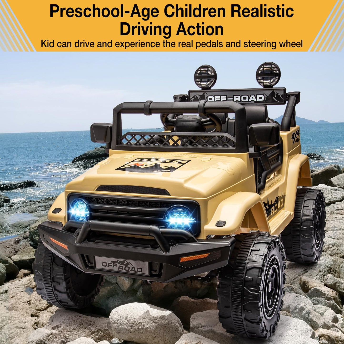 Hetoy 12V Electric Ride-On Truck for Kids - Remote Control Car with Spring Suspension, LED Lights, Music & 3 Speeds | Battery-Po