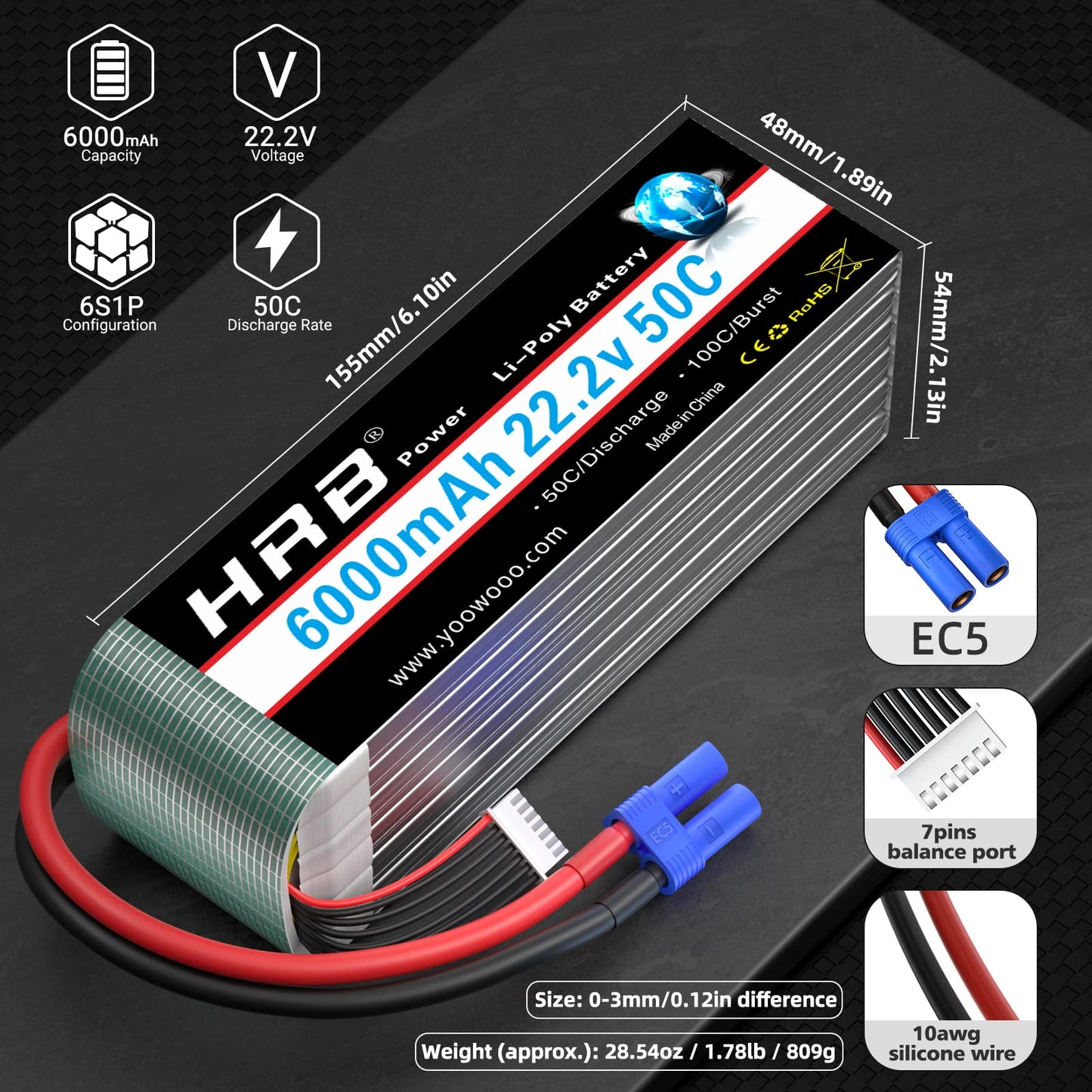 HRB 2pcs 6S 6000mAh Lipo Battery EC5 50C-100C 22.2V RC Lipo Battery Compatible with RC Helicopter Airplane Car Boat Truck