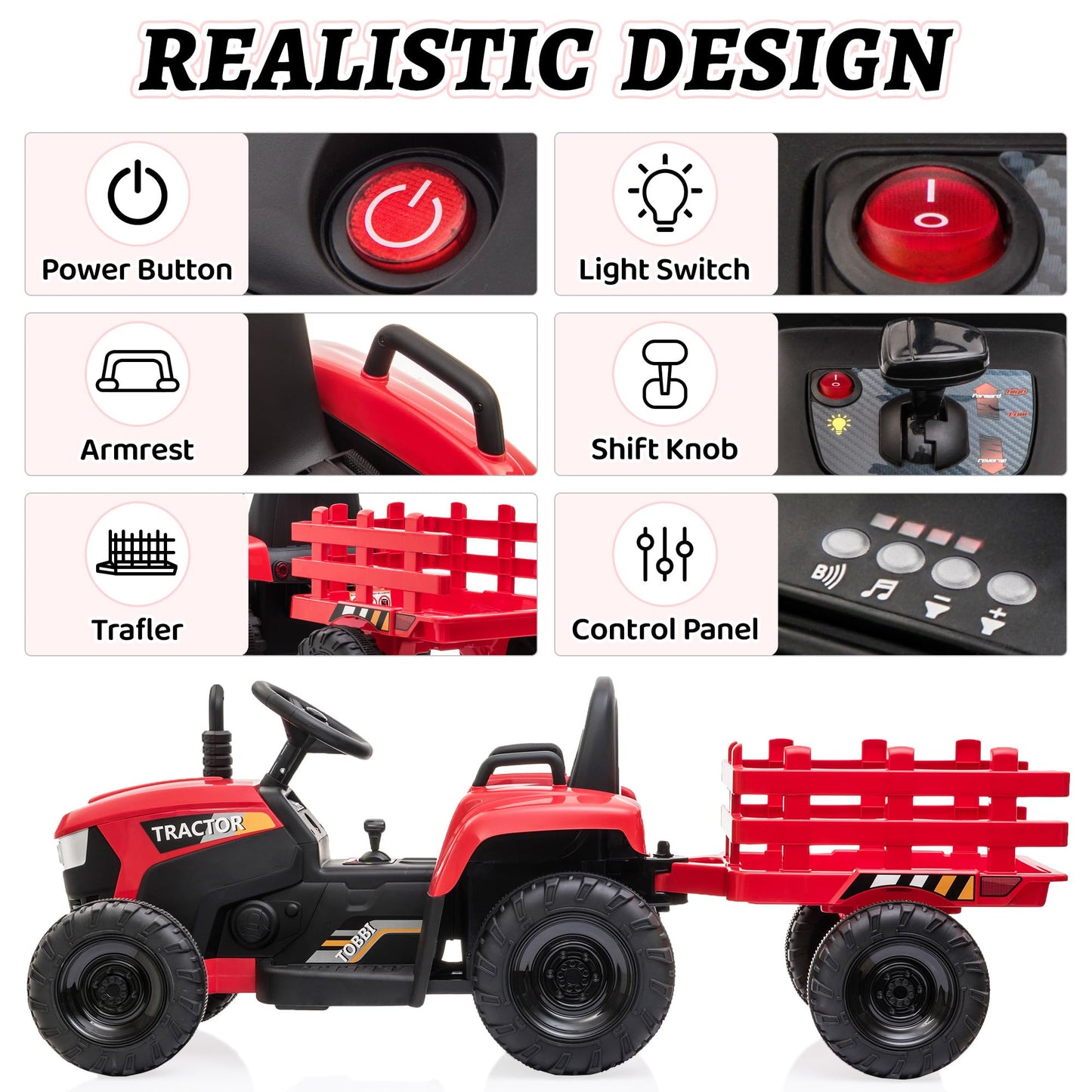 Tobbi 12V Battery-Powered Toy Tractor With Trailer And 35W Dual Motors,3-Gear-Shift Ground Loader Ride On With Led Lights And Usb Audio Functions In Red