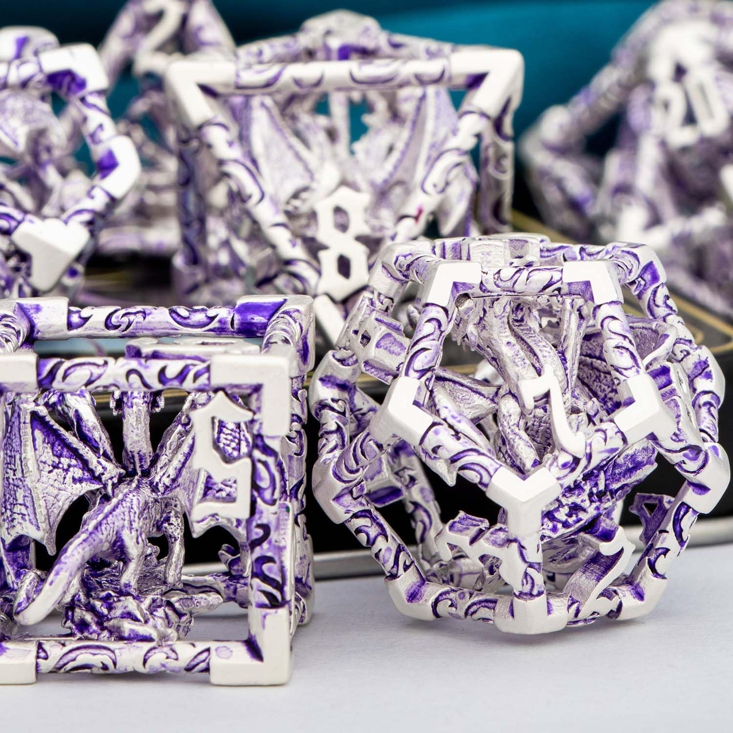 Aruohha Hollow Dnd Dice Set Silver Purple 5-Headed Dragons D And D Dice With Gift Box, Role Playing Games Rpg 7Pcs Dungeons Meta