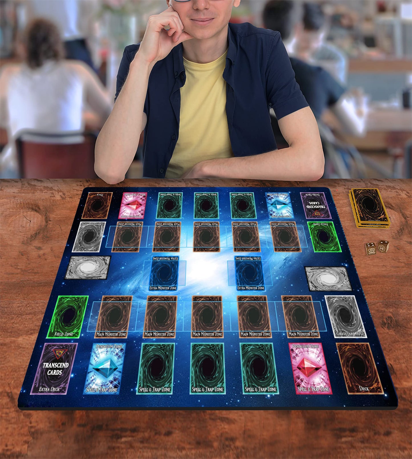 Transcend Cards 2 Player Duel Link Zones Custom Playmat - Rubber Game Mat 53 Cm X 63 Cm (Blue Galaxy Style) Compatible With Yugi
