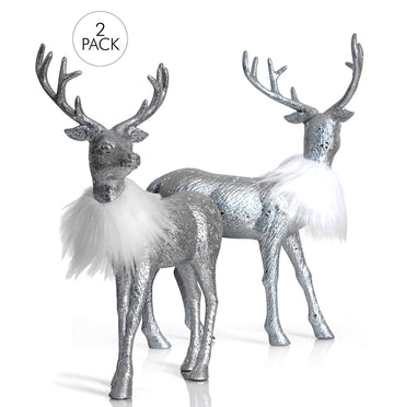 Ornativity Silver Glitter Christmas Reindeer - Xmas Holiday Party Deer Figurine Statues Dinner Tabletop Decorations Centerpiece Mantle - 12' Pack Of 2