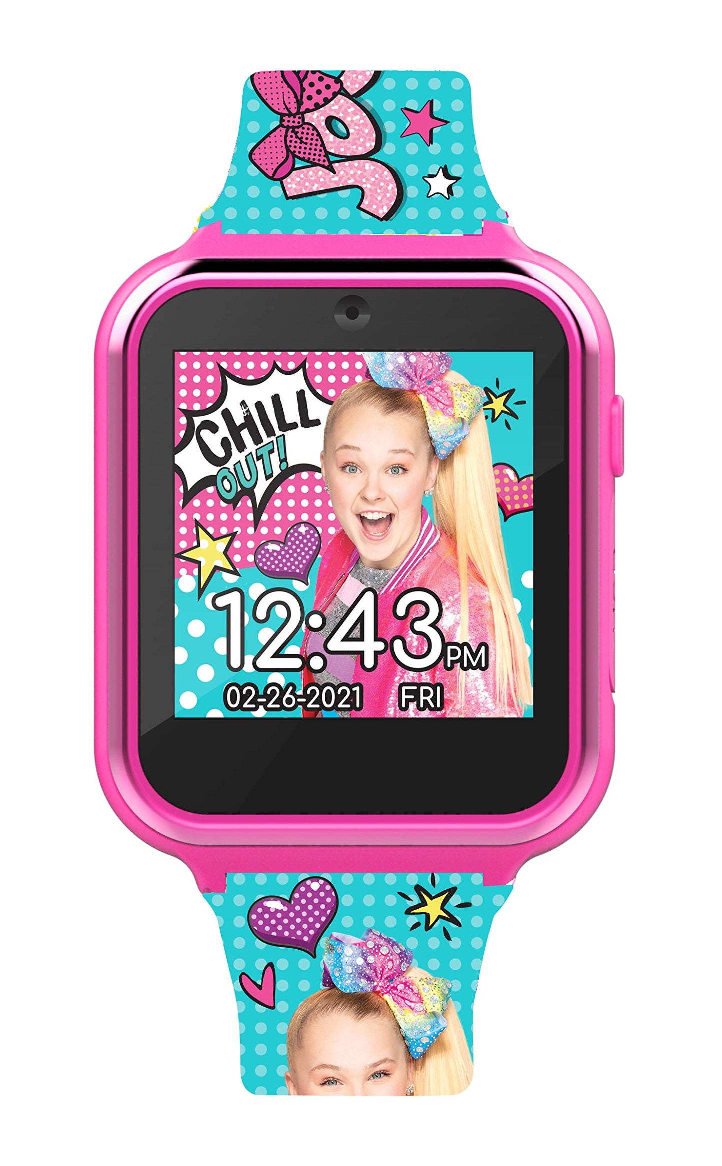 Accutime Jojo Siwa Kids Smartwatch With 10 Watch Faces, Selfie Camera, Voice And Video Recorder, Step Counter, Timer, Stopwatch, Alarm, Fun Games, Calculator, And 3 Wallpapers – Fits Wrists 5.5'-8.0'