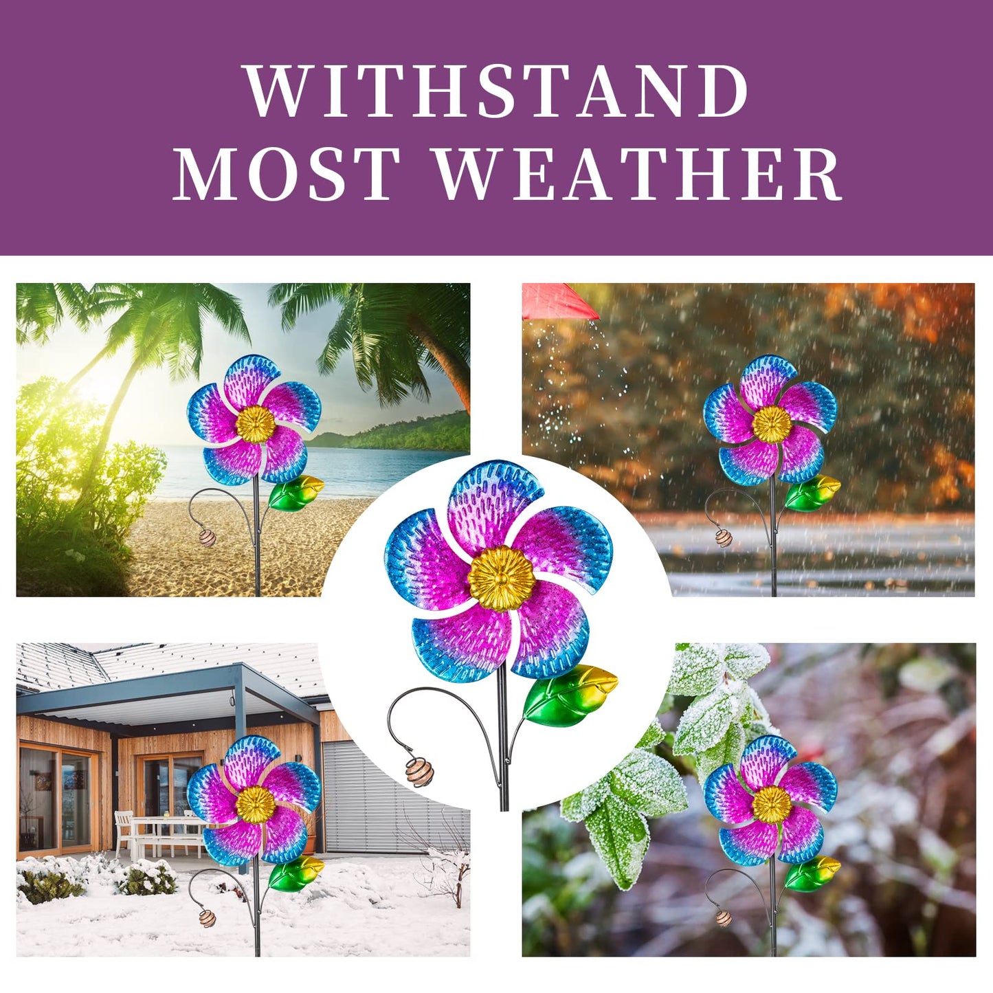 Viveta 2 Pack Wind Spinners With Metal Stake, 28.7 Inches Outdoor Garden Pinwheels Spinners Purple Flower Shape Design For Yard