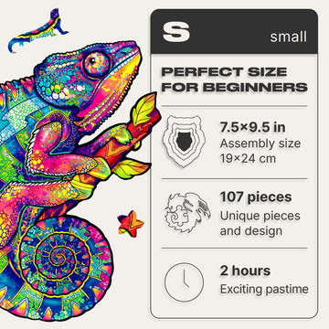 Unidragon Wooden Puzzles For Adults Unique Jigsaw Puzzles - Small Iridescent Chameleon 7.5'X9.5' 107 Pcs Deko With Cut 0.03 Mm Wood Accuracy Animal